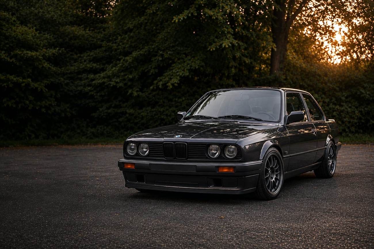Dunkler BMW E30 im Abendlicht – Fahrzeugprüfung und mobile Diagnose durch NWK Automotive im Raum Neuwied, Koblenz und Nürburgring
